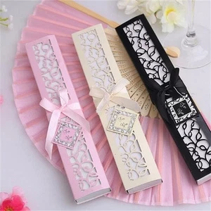 Silk Fold Hand Fan in Elegant Laser-Cut Gift Box Party Favor Wedding Gift B`qn - Picture 1 of 15