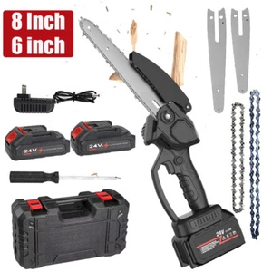 6"+8" Electric Mini Chainsaw 21V Handheld Cordless Wood Cutter 2 Battery 2 Chain - Picture 1 of 12