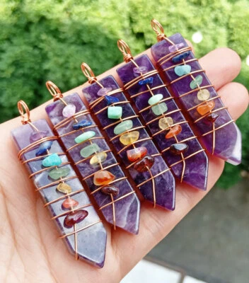 5 piezas Piedra Amatista 7 Chakras Colgantes Espada Reiki Amuleto de Sanación Energía Foto 1 de 4