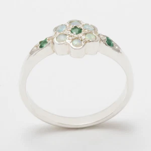 Solid 10k White Gold Natural Emerald & Opal Womens Cluster Ring - Sizes 4 to 12 - Picture 1 of 5