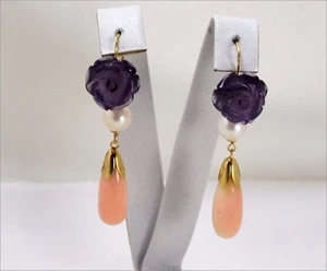 Pendientes de Oro Amarillo 18KT Con Rosas De Amatista Perlas Y Coral Rosa Oght - Imagen 1 de 3