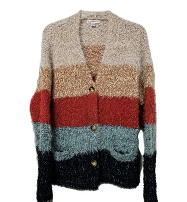 John Paul Richard Fuzzy Cardigan Sweater Women's Large Striped Button Up Pockets - Image 1 of 4