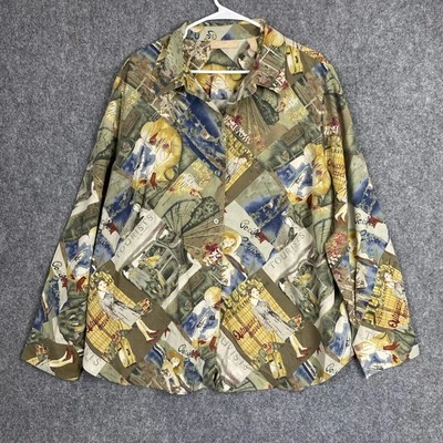 Kate Hill 衬衫女式 3X 码绿色丝绸上衣纽扣贴花印花 — 第 1/4 张图片