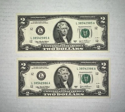 2003 $2 Dollar Bill Federal Reserve L38542985A & L38542986A Circulated San Franc - Image 1 of 4