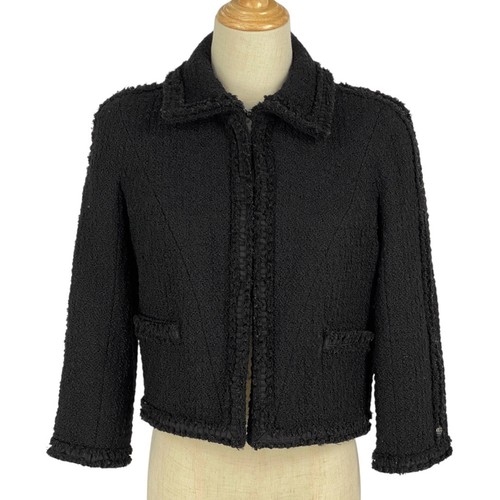CHANEL (Interlocking) CC Logo Giacca Cropped Tweed Manica 3 4 Giacca Lana B...