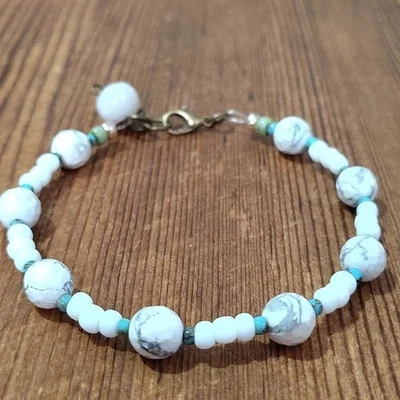 White Howelite Beaded Bracelet, Handmade Mens Bracelet - Image 1 of 4