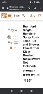 Moen Brantford BRUSHED NICKEL Shower Trim Kit, Toilet Paper Holder & Towel Ring - Picture 1 of 8