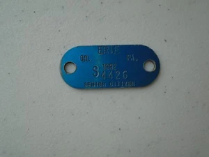 Erie Pennsylvania Senior Citizen ID Fob Metal Tag 1992 Vintage Identification - Picture 1 of 12