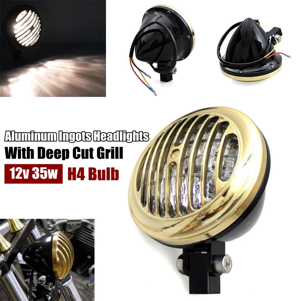 Lámpara retro aluminio aletas parrilla latón cubierta faro para Harley Bobber Dyna Foto 1 de 4