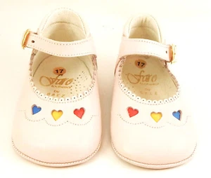 DE OSU/FARO -Spain -Baby Girls Pink Leather Hearts Crib Shoes -European 17 -Sz 2 - Picture 1 of 5