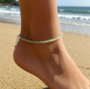 Dainty Prehnite Green Stone Crystal Beaded Anklet With Silver Chain Women Gift - Picture 1 of 6