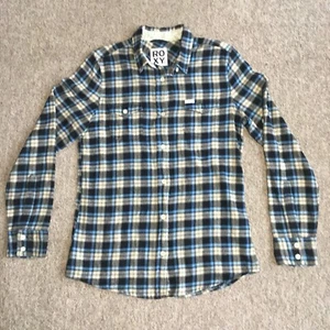 Roxy Womens Flannel Shirt size L Long Sleeve Blue Black Cream Check Plaid Button - Picture 1 of 8