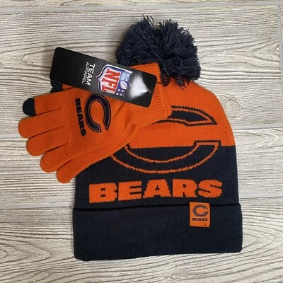 NFL Team Apparel Chicago Bears Winter Pom Hat and Gloves Combo Orange Navy NWT - Image 1 of 4