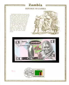 Zambia 1980 1 Kwacha P-23a UNC w/FDI UN FLAG STAMP 41/A 004194 sign 5 Low # - Picture 1 of 3