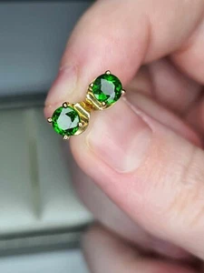 14k Yellow Gold Plated 2Ct Round Cut Lab Created Green Emerald Stud Earring - Picture 1 of 4
