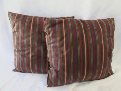 2 Decorative Matching Green & Red Striped Throw Pillows, 16" x 17" x  6" High - Image 1 of 4