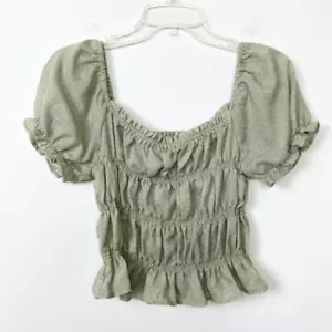 Favlux Green Ruched Milkmaid Puff Sleeve Cropped Blouse Shirt Size M - Picture 1 of 5