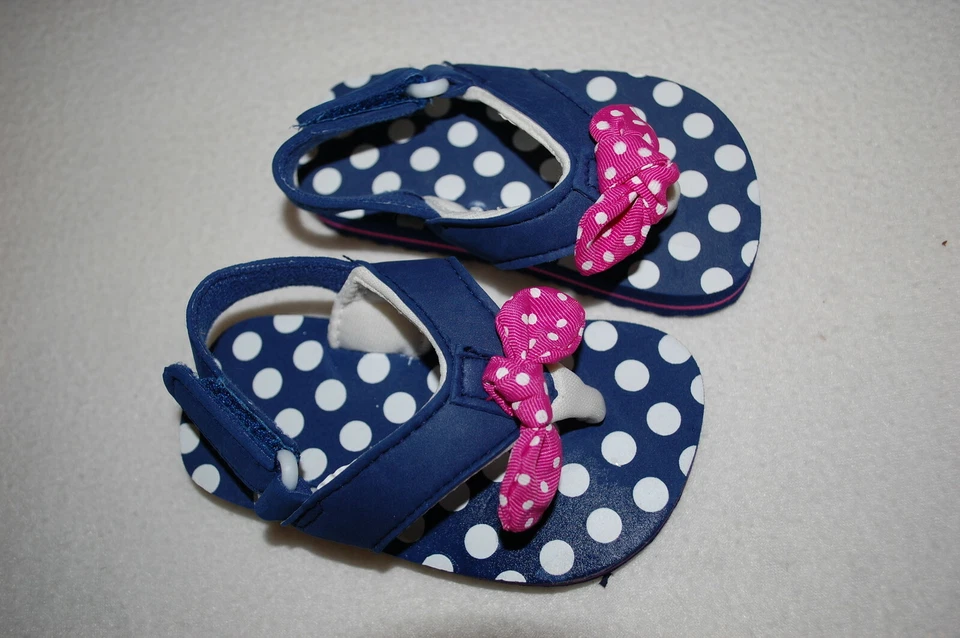 Baby Girls Flip Flops BLUE w/ POLKA DOTS Pink Knotted Bow ANKLE STRAP Size 3 - Image 1 of 1