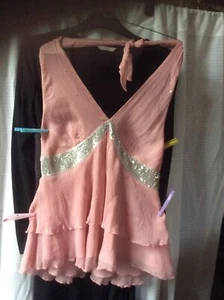 16 Petite M&S PINK SILK TOP LINED HALTER NECK SEQUIN LAYERED V NECK NWT Was £49 - Picture 1 of 12