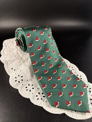 Lands End Hombres 59" x 3.75" Largo Seda Cuello Corbata Navidad Vacaciones Verde Papá Noel Sombreros Foto 1 de 4
