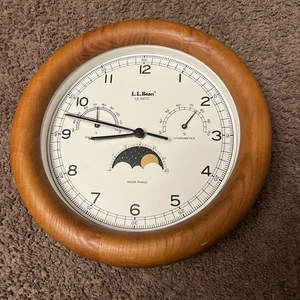 L.L. Bean Weather Station Wall Clock 11.5” Oak Frame Moon Thermometer No Glass - Picture 1 of 4