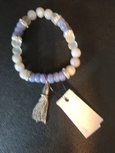 Chico's Perlen Quaste Armband Damen weiß blau und silber Steine 6 Zoll Neu mit Etikett - Bild 1 von 5