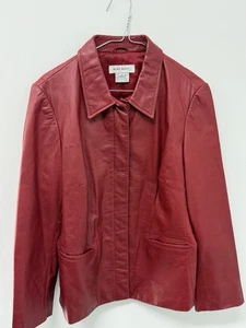 Vintage Nine West Red Leather Biker Jacket Button Up Pockets 90s Size 12 Women - Picture 1 of 9