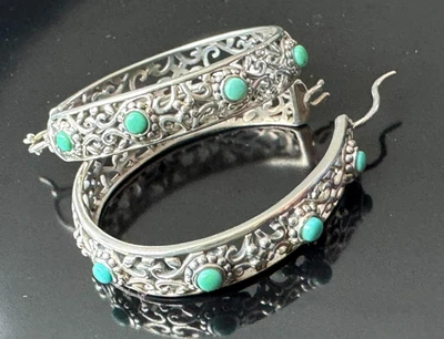 Pendientes tipo argolla filigrana color turquesa plata esterlina 925A vintage diseño boho Foto 1 de 4