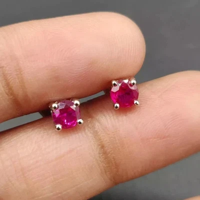 1Ct Round Cut Lab Created Pink Ruby Prong Stud Earrings 14K White Gold Plated - Image 1 of 4