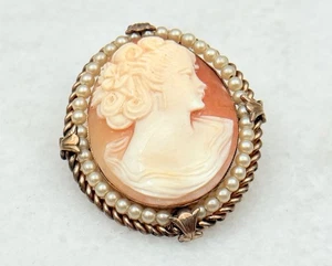 Antike viktorianische 12k Gold gefüllt Muschel Kamee Brosche Anhänger mit Perlen - Bild 1 von 4