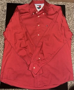 Vintage Tommy Hilfiger Red Button Shirt L/G 90s Cotton - Picture 1 of 10