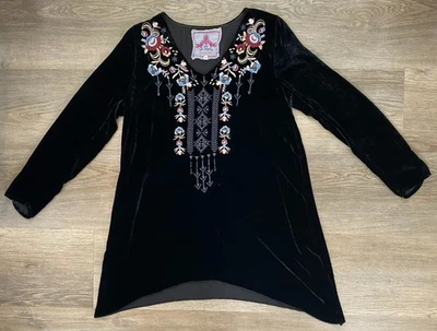 Johnny Was M Black Velvet, Embroidered Flowy Tunic Top or Short Dress - Image 1 of 4