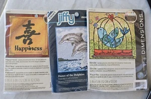 3 Dimensions/Sunset Jiffy Needlepoint Kits BIRDIE/HAPPINESS/DANCE WITH DOLPHINS - Picture 1 of 7