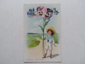 Vintage Embossed Christmas Greetings Postcard Children Boy Sailor Suit Pansies - Picture 1 of 2