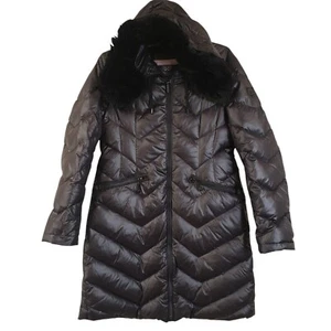 Vince Camuto Puffer Jacket Size Medium Down Filled Mid Length Faux Fur Hood Trim - Picture 1 of 15