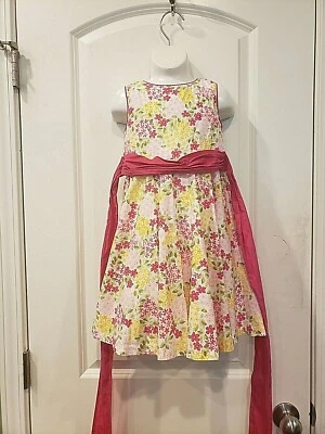 Polly & Friends Sz 5 Sleeveless White Pink YELLOW Floral Dress Back Tie 3-layer - Imagem 1 de 4