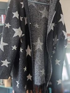 Vittadini Sweater Jacket Coat Womens Black White Stars Hooded Fringe XL - Picture 1 of 8