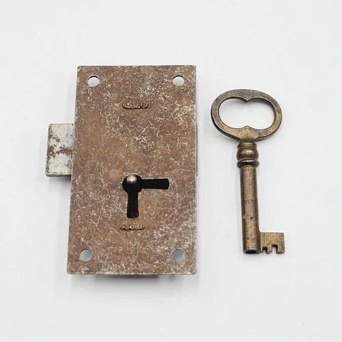 Vintage Cabinet Drawer Dresser Lock with Skeleton Key 2 7/8"x 1 5/8" Salvage AB Cover