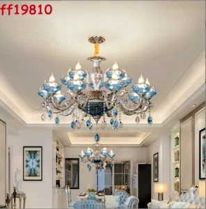 French Blue Glass Pendant Light Living Room Zink Alloy Crystal Chandelier Fixtur - Picture 1 of 15
