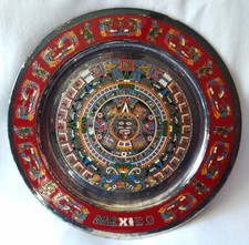Vintage Mayan Calendar Plate Etched & Enamel Painted Mexico Folk Art 
