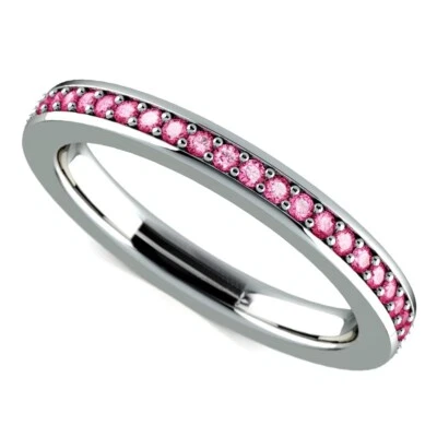 Banda de compromiso de eternidad redonda de zafiro rosa real de 0,62 quilates de oro blanco macizo de 14 quilates Foto 1 de 4