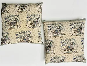 Set of 2 Vintage Handmade Toile 13" square toss pillows~house/tree scene~RARE!! - Picture 1 of 5