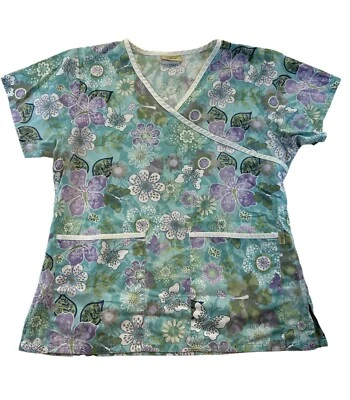 Tafford Scrub Top Womens Medium Blue V-Neck Floral Butterflies - Image 1 of 4