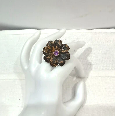 Purple Amethyst Gemstone Flower Designer Ring, Adjustable Ring - Image 1 of 4