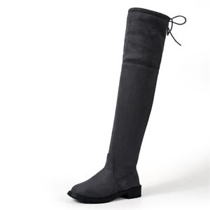 Women Winter Stretch Suede Thigh High Low Heels Over-The-Knee Long Boots Shoes