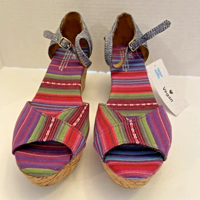 NWT Toms Sienna cork Wedge Sandal Multi color Chambray ankle open toe Vegan 9.5 - Image 1 of 4