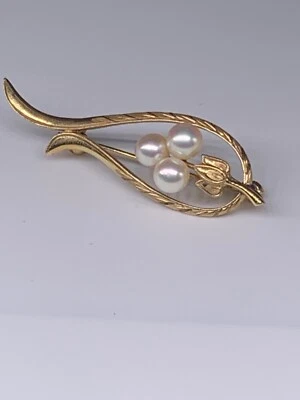 Broche prendedor vintage Mikimoto oro amarillo 14K hoja perla Foto 1 de 4