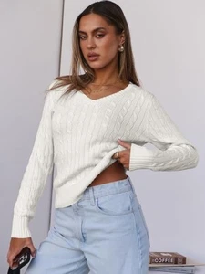 CUPSHE Women's Long Sleeve V Neck Cable Knit Sweater Jumper 2024 Fall Pullover S - Picture 1 of 5
