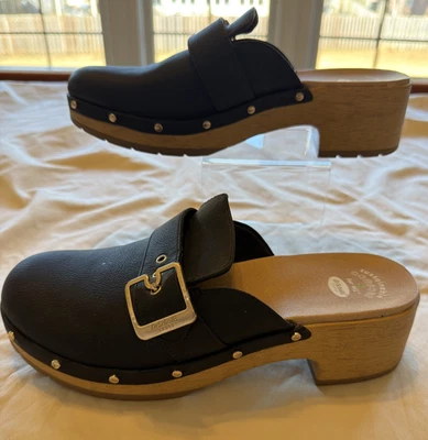 Zueco Dr. Scholls Clásico Confort Negro Cuero Vegano Dorado Adornos Talla 10 Foto 1 de 4