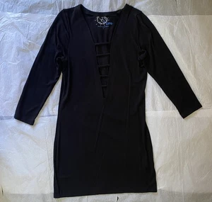 Planet Blue Size L Cutout V Neck Dress Black 3/4 Sleeve Party Casual Made in USA - Picture 1 of 12